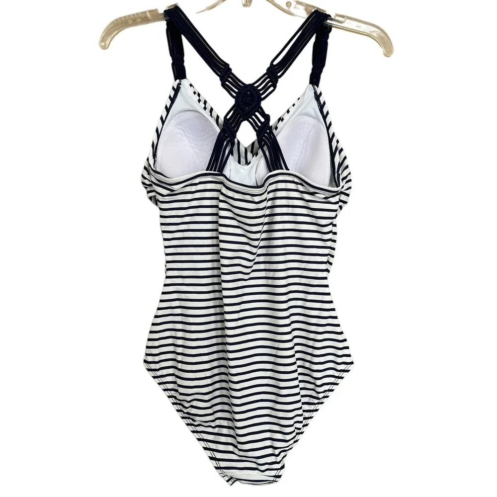 Kona Sol Bathing Suit Womens Medium Blue White Stripe 1 Pc Macrame Pool Vacation